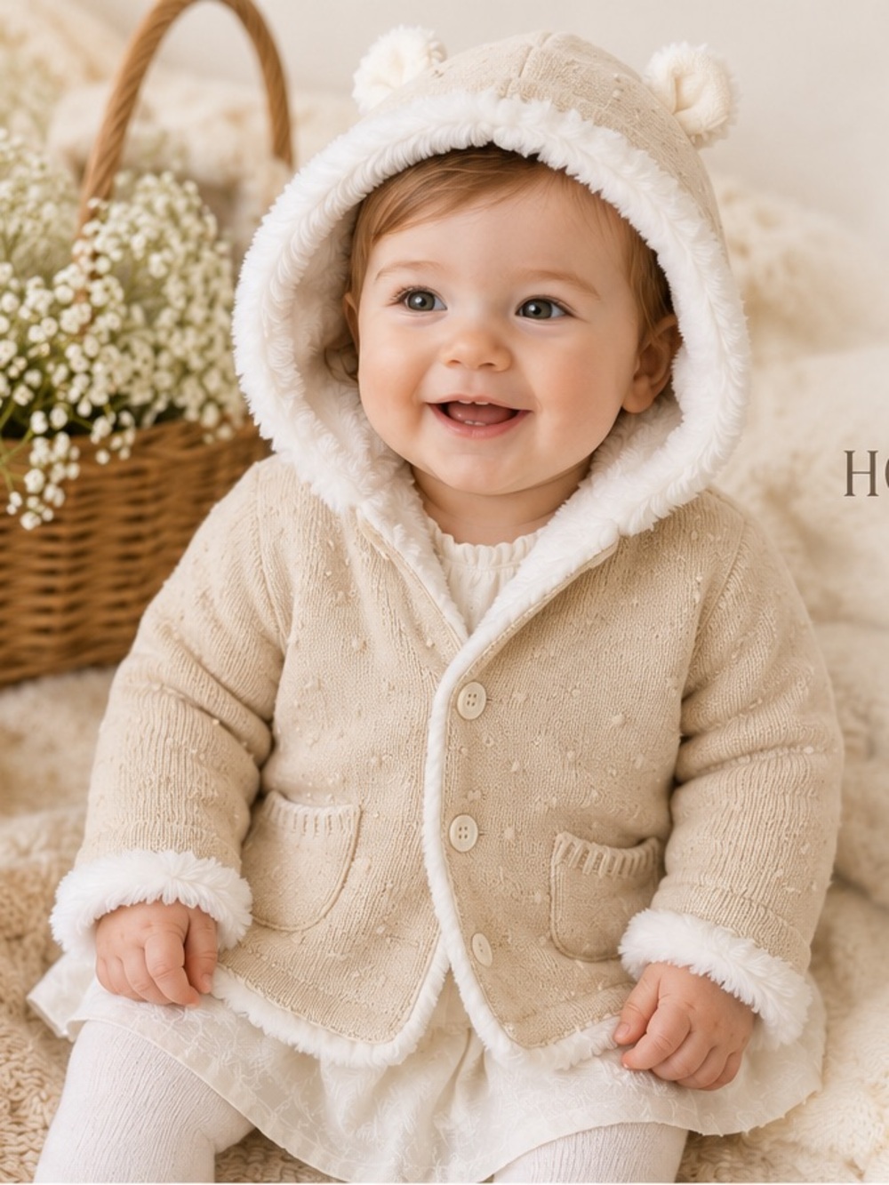 Mayoral Newborn 18M Beige Faux Fur Lined Knit Hooded Coat